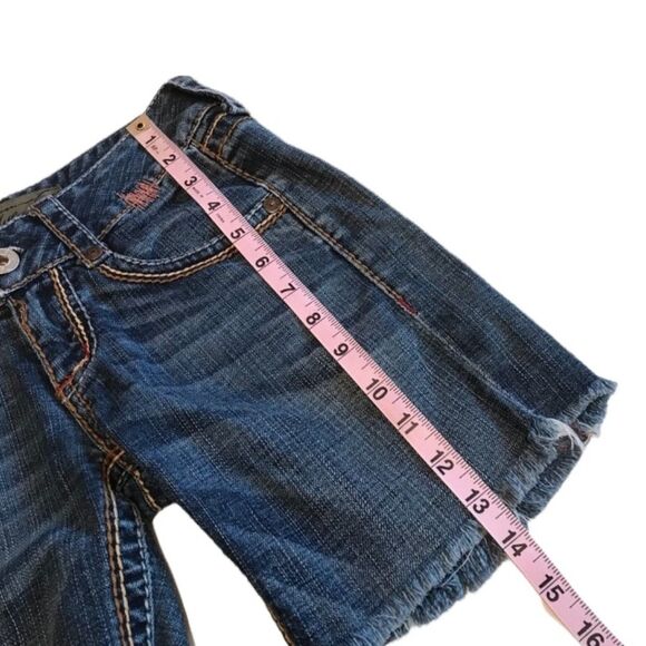 Blue Tattoo Denim Cut-Off Raw Hem Large Flower Brand Patch Shorts Sz 25 - Picture 5 of 12